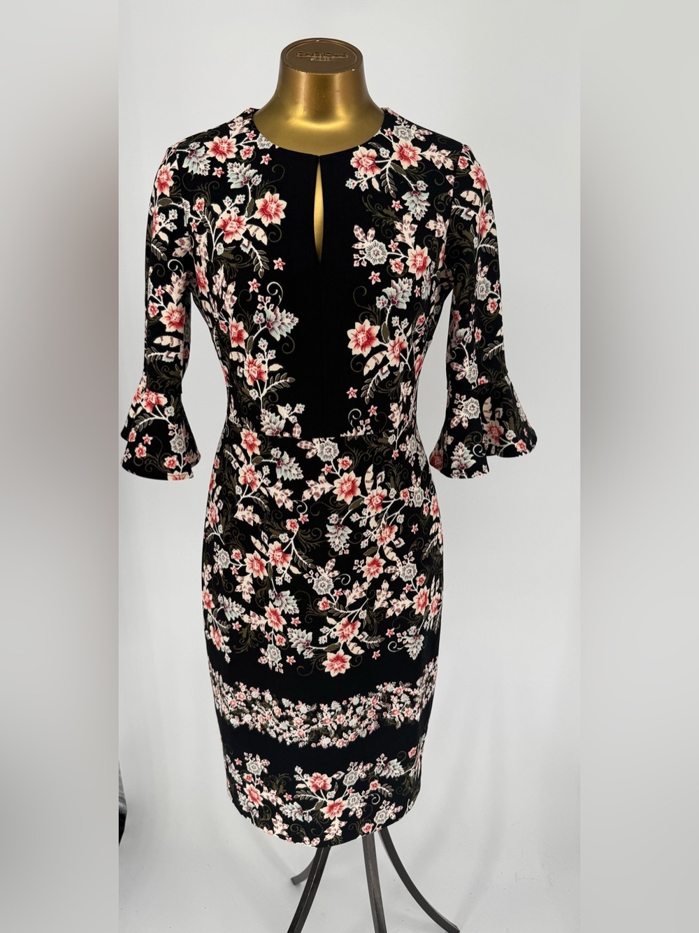 Maggy London Black Floral Keyhole Midi Dress Pink Accents Bell Sleeves Size 6 P